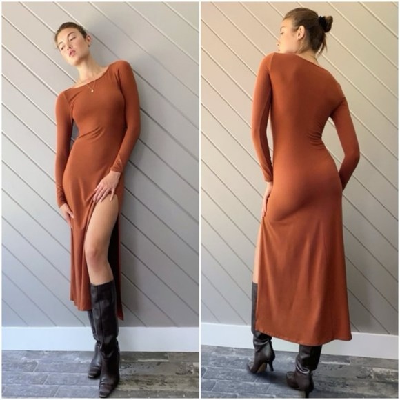 EUC Aritzia Wilfred Neptune Stretch Jersey Long Sleeves Slit Bodycon Maxi  Dress - Picture 10 of 10